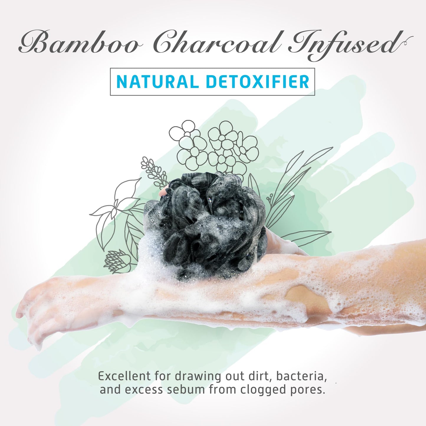 Spongentle Charcoal Bamboo Premium Deep Cleansing Loofah Sponge for Radiant Skin, Pack of 4, Bath and Shower, Exfoliating Body Scrubber, Beautiful