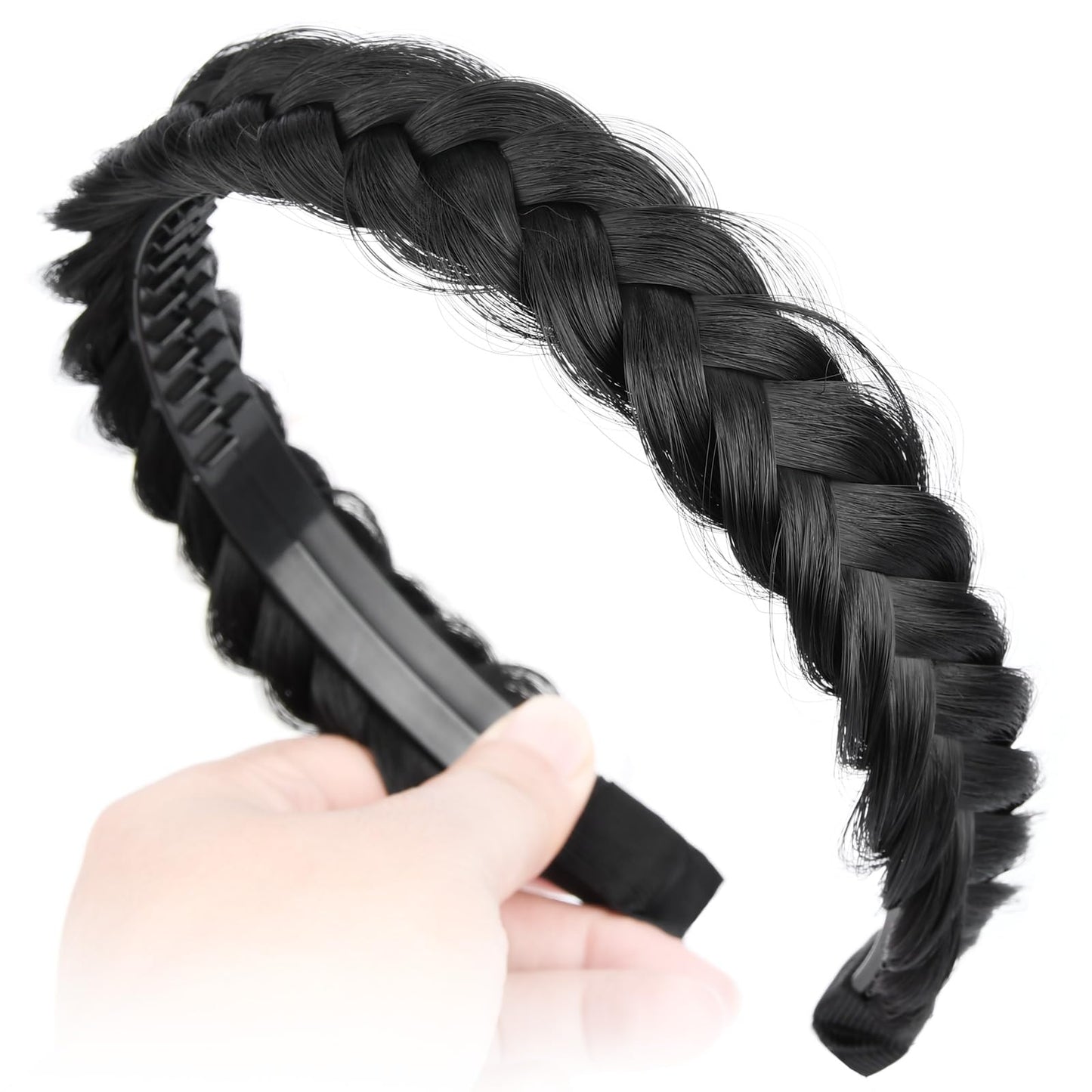 DIGUAN Headband Synthetic Hair Plaited Headband Braid With Teeth Hair Band Accessories for Women Girl Width 1.5 Inch (W-Natural Black)