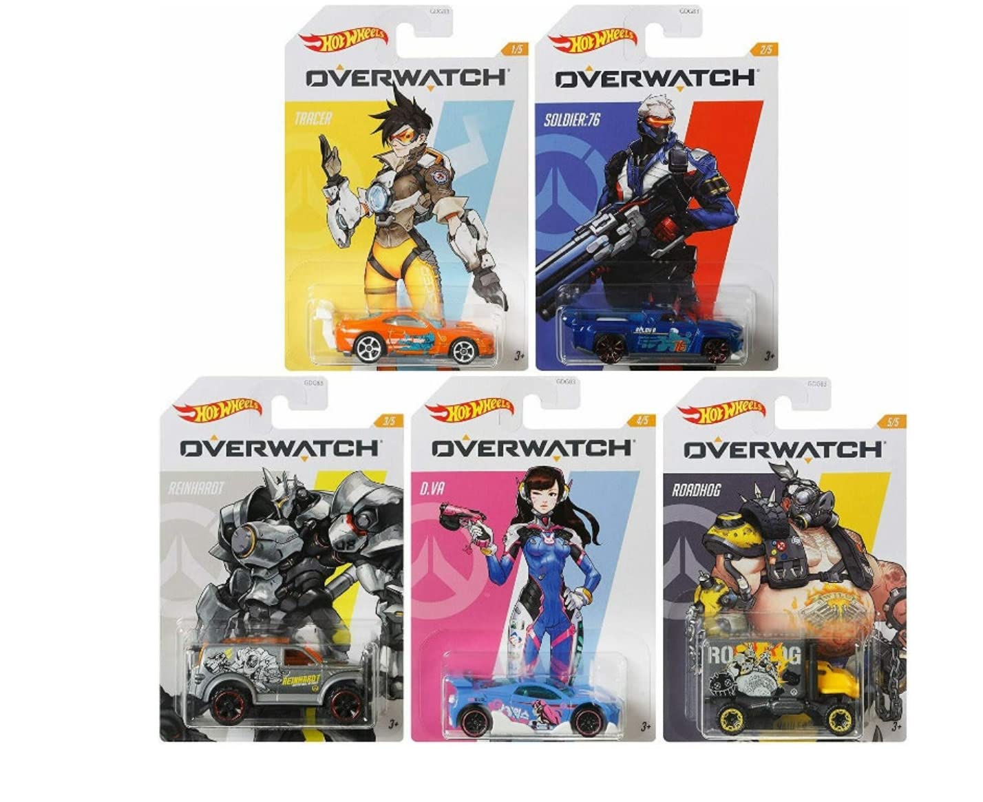 Hot Wheels Overwatch Car Series Die‑Cast 5‑Pack Bundle- Tracer, Soldier:76, Reinhardt, D.Va & Roadhog | Licensed Blizzard Collectible | 1:64 Scale