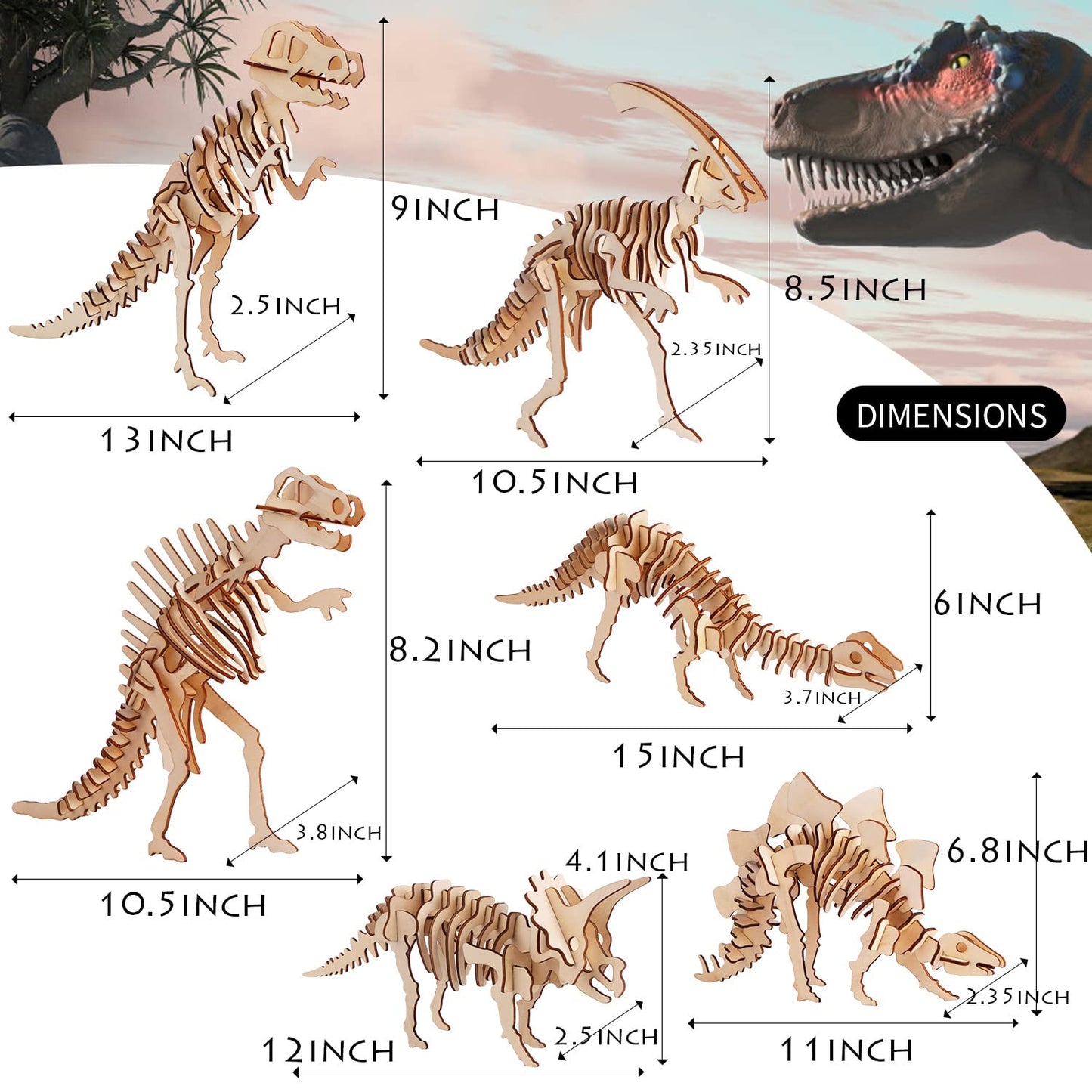 calary 3D Wooden Puzzle Simulation Animal Dinosaur Assembly DIY Model Toy for Kids and Adults,Set of 6