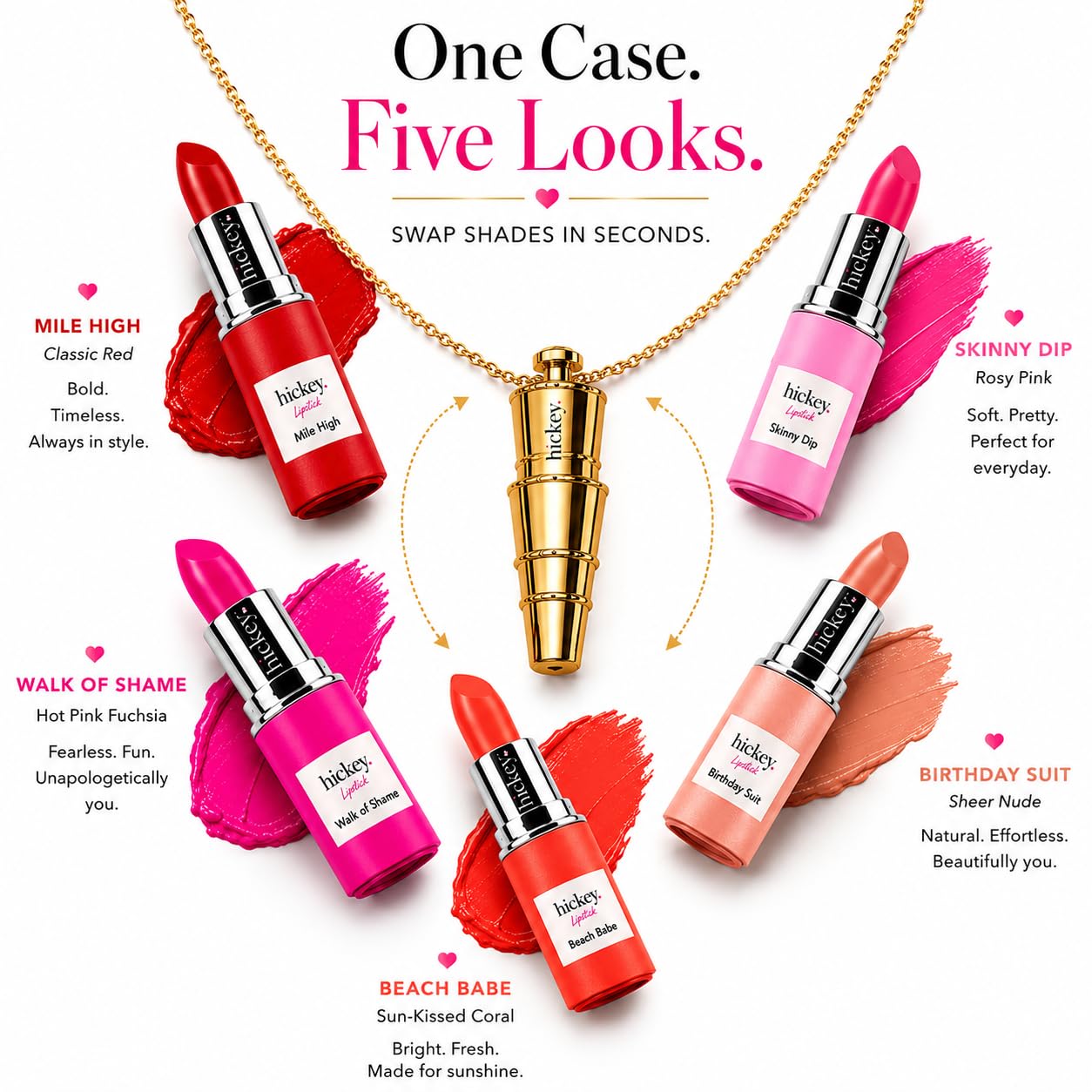 Hickey Lipstick Fashion Week Collection, 5 Piece Refill Set (Mile High, Birthday Suit, Walk of Shame, Beach Babe, Skinny Dip), Long Lasting Hydrating
