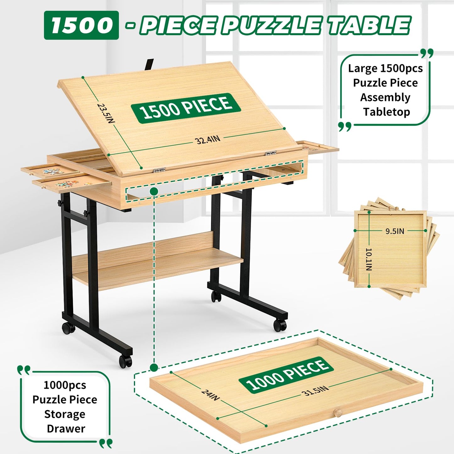 Large Puzzle Table with Drawer – Adjustable Height & Angle Wooden Board for 300-1500 Piece Jigsaws, Felt Cover, Shelf & Wheels