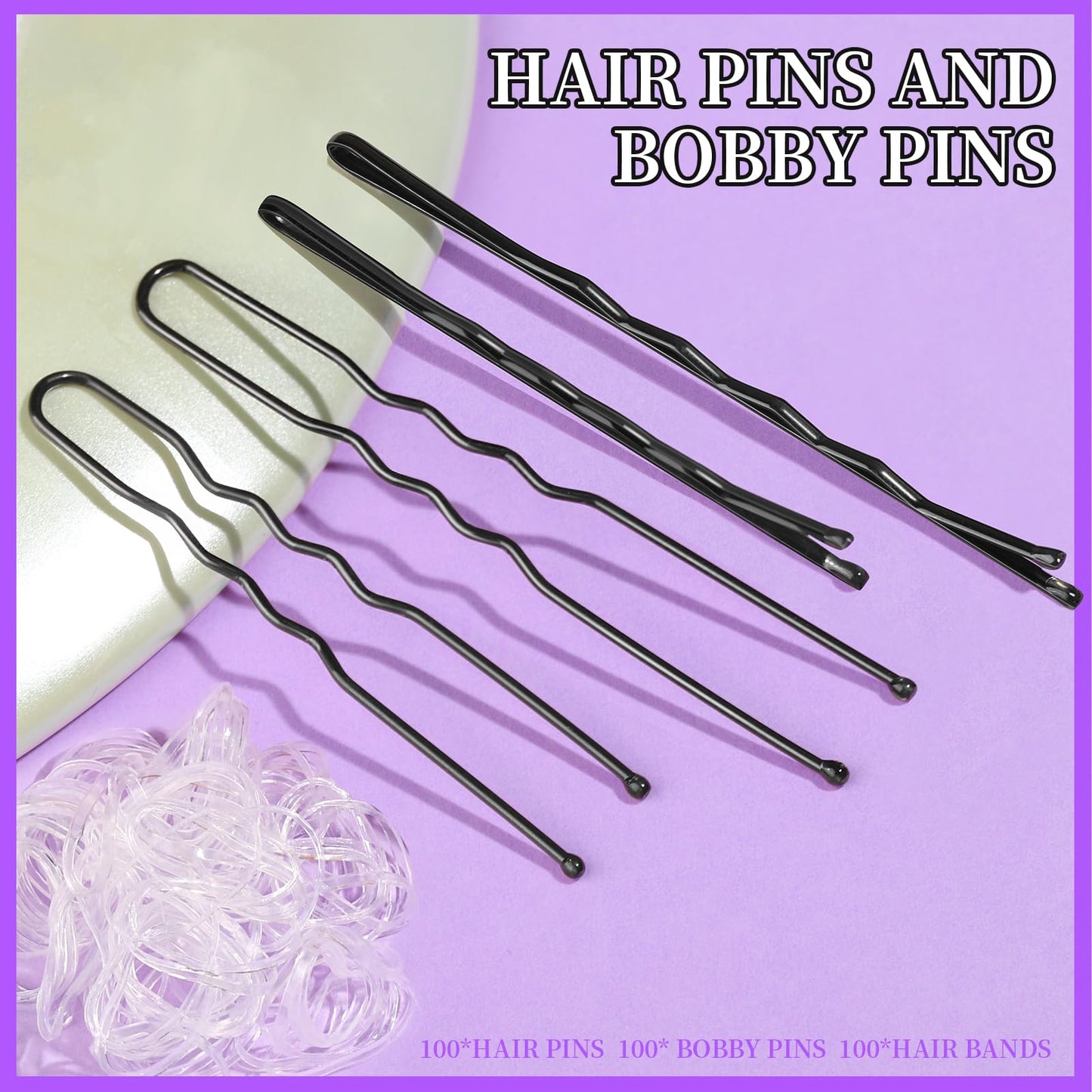 Teenitor 300pcs Hair Pins Bobby Pins Black, 100 Black Bobby Pins 2" 2.75"100 Hair Pins for Women and 100 Clear Hair Bands Kit, U Pins for Buns 2" Beauty and Personal Care Teenitor