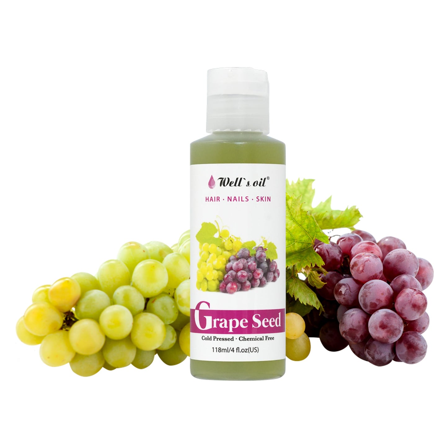 GRAPESEED OIL | 4oz (118ml) | All-Natural | For Hair, Skin & Nails | Moisturizer for Sensitive Skin Types | Refined, Cold Pressed | by Well's Oil