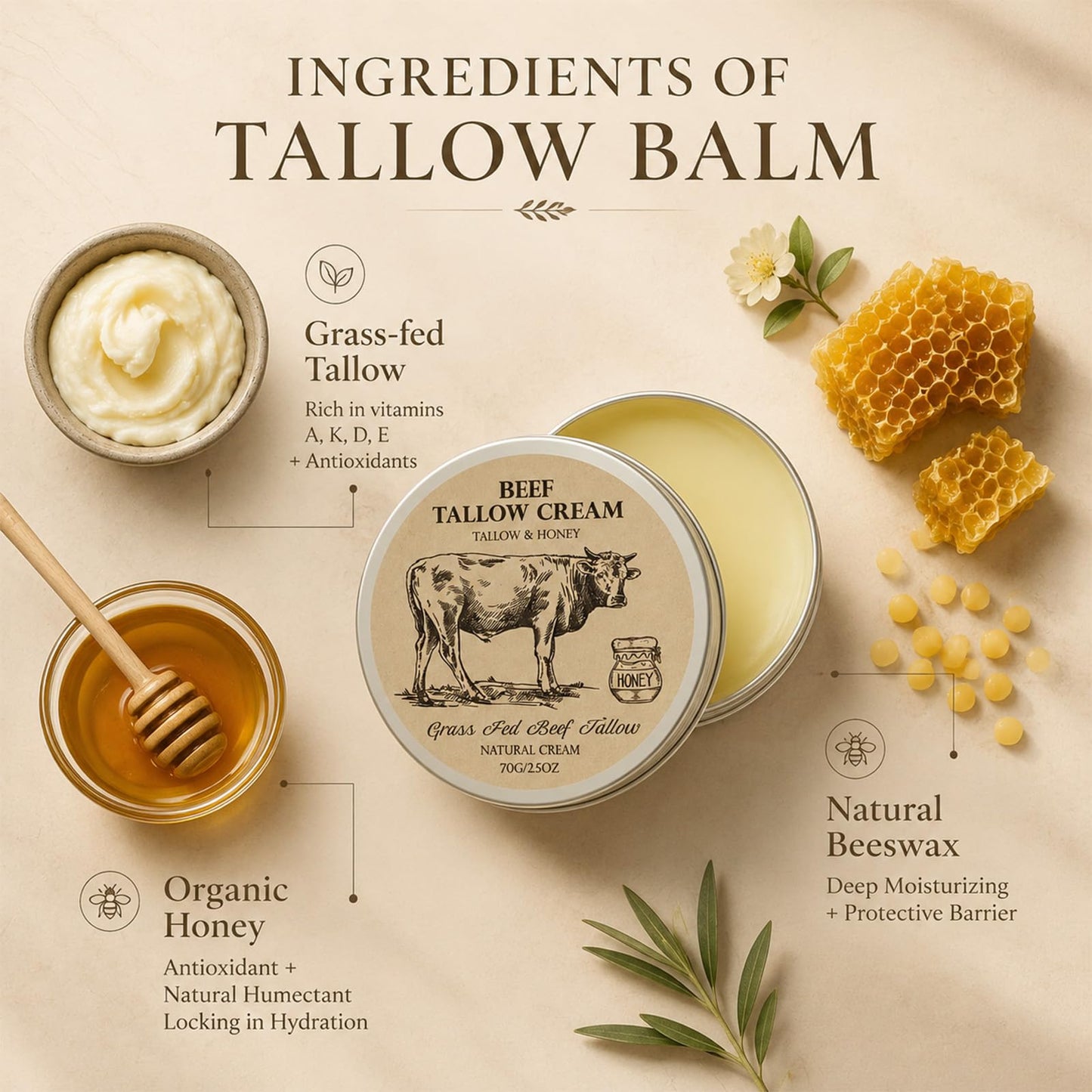 MROUVIK Beef Tallow for Skin, Tallow and Honey Cream,Tallow Face Moisturizer, Natural Grass-Fed Beef Tallow Balm with Raw Honey Moisturizing Cream
