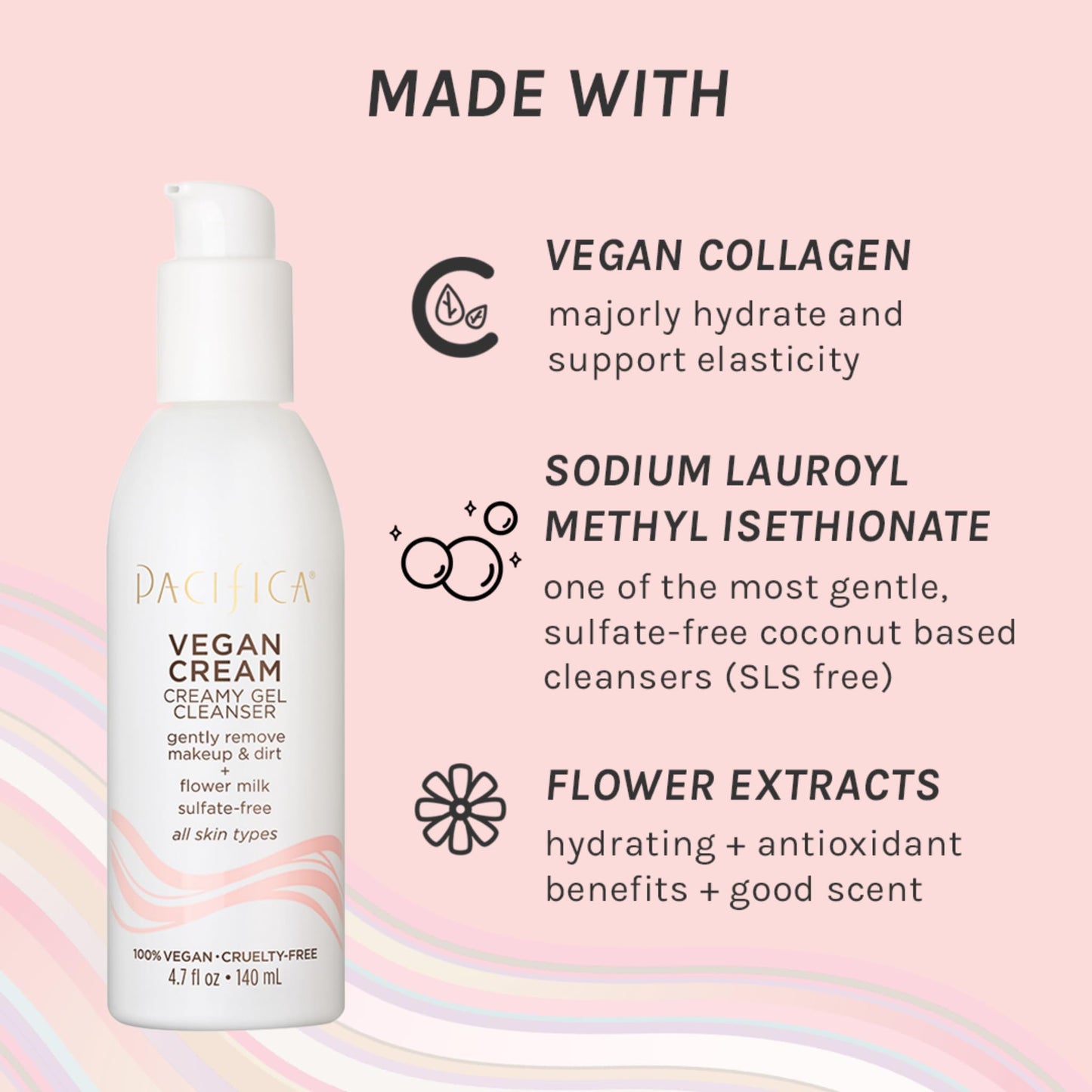 Pacifica Vegan Collagen Cream Gel Facial Cleanser - Daily Foaming Face Wash & Makeup Remover, Hydrating Anti-Aging Face Wash for Dry & Sensitive Skin