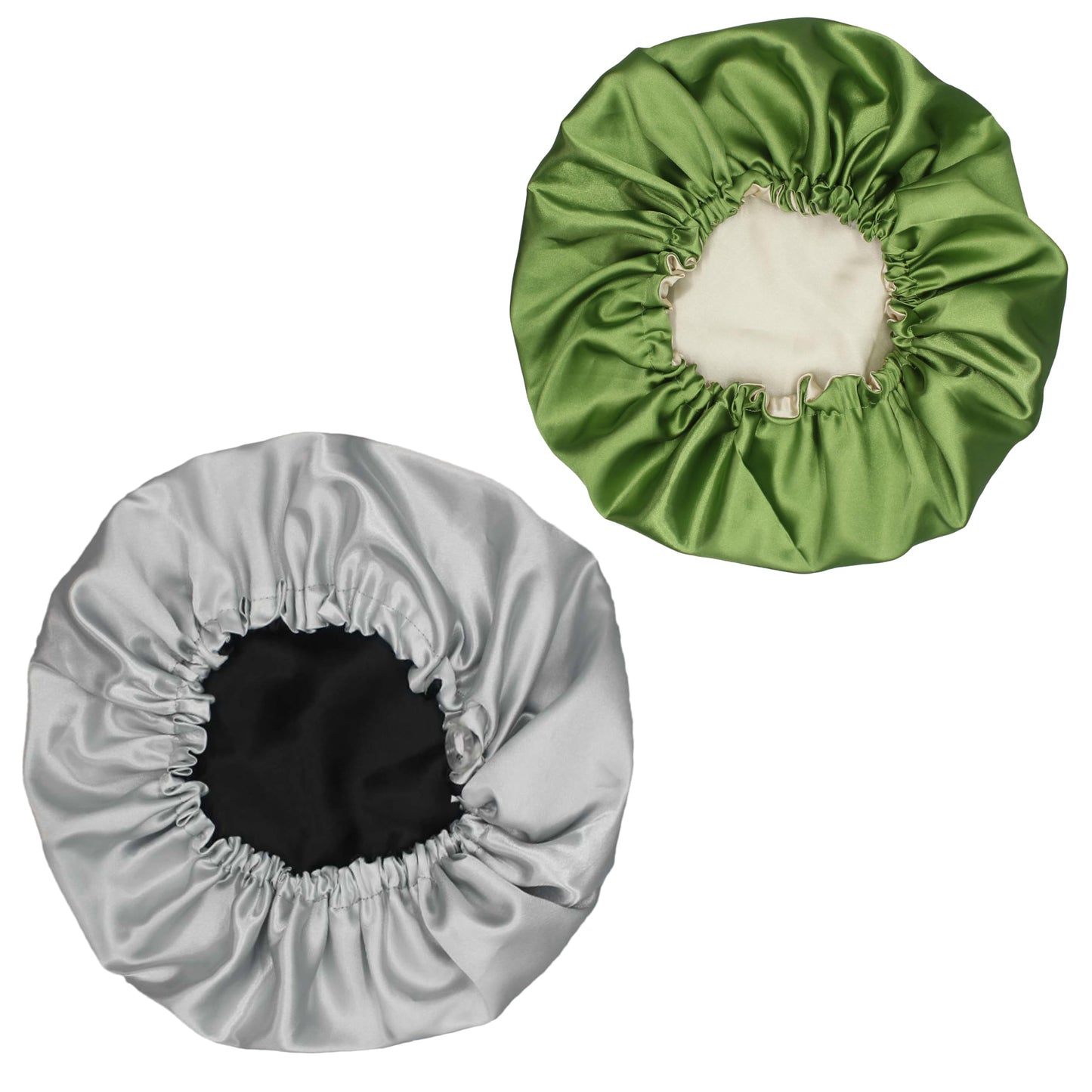 Hanbertti 2pcs Double Layer Satin Sleep Cap, Adjustable Satin Cap, Silk Bonnet, Reusable Bath Hair Cap for Night Sleeping Reversible (Silver Black+