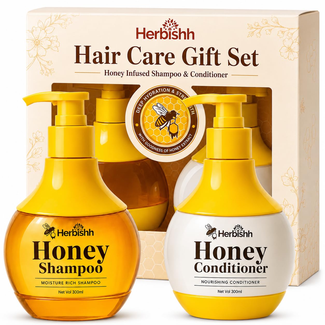 Herbishh Honey Shampoo & Conditioner Set (300 mL Each) Cleansing Shampoo for Buildup with Hydrating Conditioner for Dry & Damaged Hair, Shine