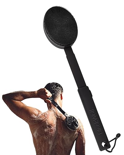 Black Wolf Silicone Body Scrubber & Exfoliator - Vibrating Loofah Shower Scrubber Brush with Handle Extension for Back - Deep Cleaning & Exfoliating