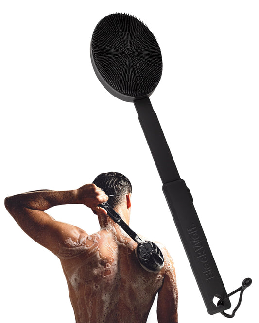 Black Wolf Silicone Body Scrubber & Exfoliator - Vibrating Loofah Shower Scrubber Brush with Handle Extension for Back - Deep Cleaning & Exfoliating