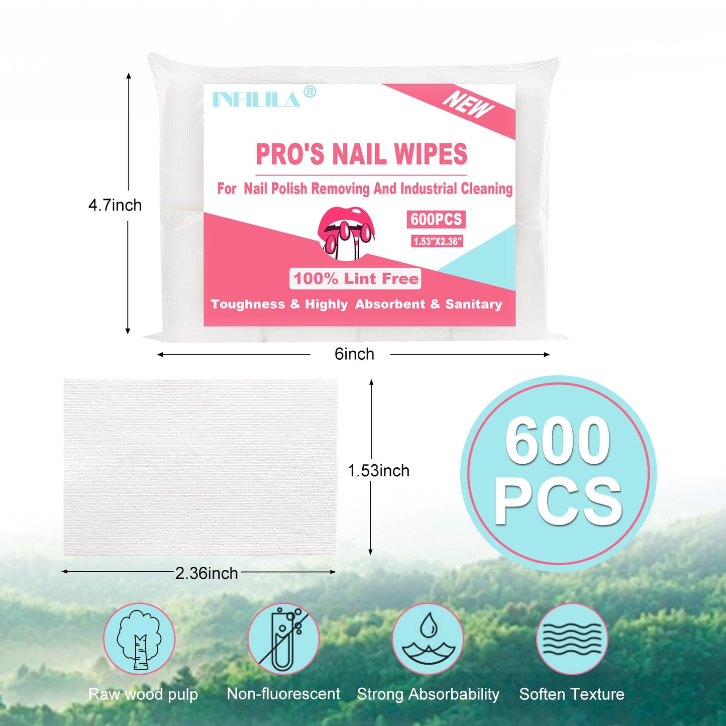 NXJ INFILILA Lint Free Nail Wipes, 600CS Natural Wood Pulp Nail Prep Wipes, Absorbent Acetone Nail Polish Remover Lash Extensions Glue Nail Cleaning