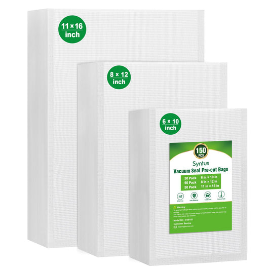 Syntus Vacuum Sealer Bags, 150 Gallon 11" x 16" and Quart 8" x 12" and Pint 6" x 10" Commercial Grade PreCut Bag, BPA Free Food Vac Bags for Storage…