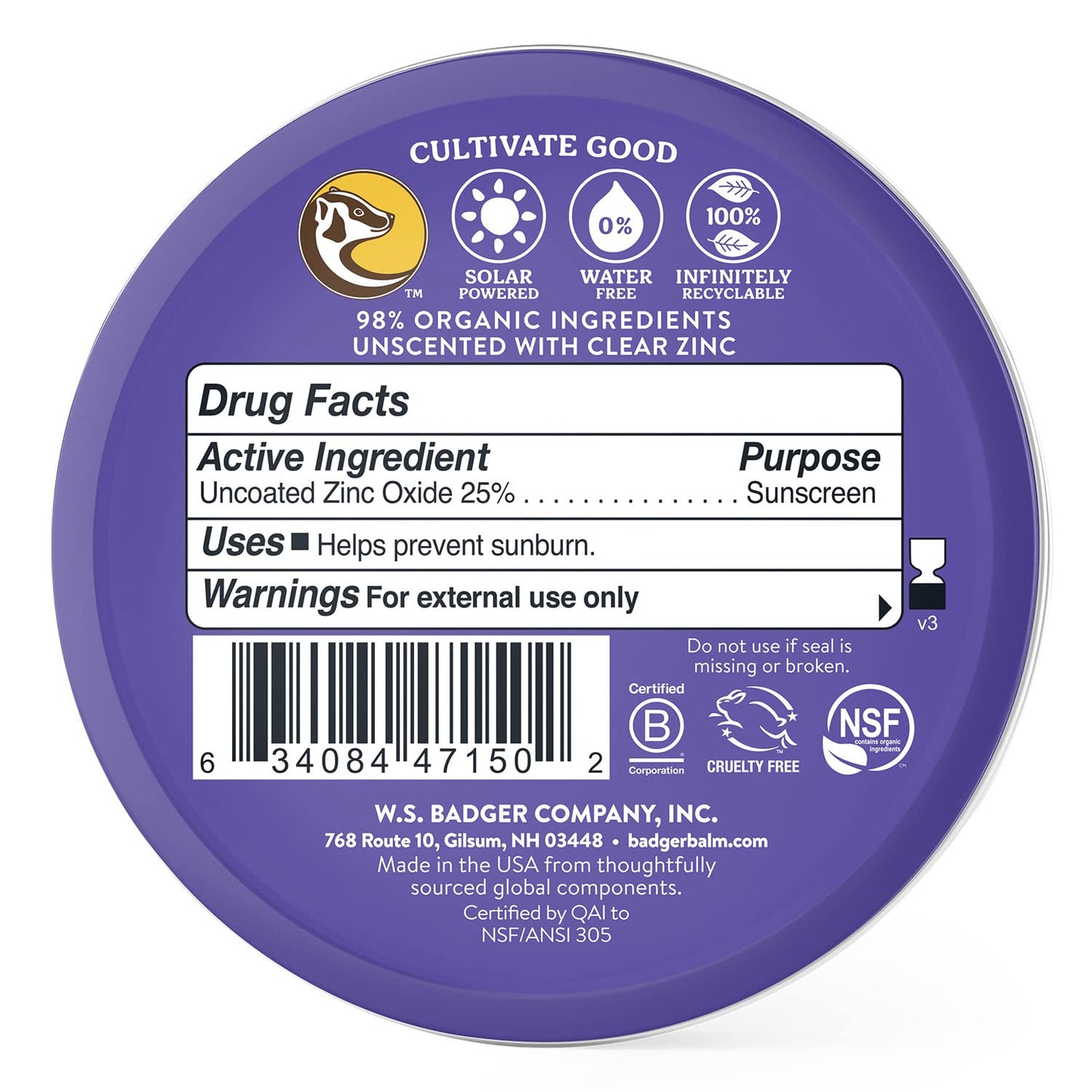 Badger Reef Safe Mineral Sunscreen, SPF 50, 98% Organic with Zinc Oxide, Non Toxic, Water Resistant, Unscented & Hypoallergenic, Broad - Spectrum,