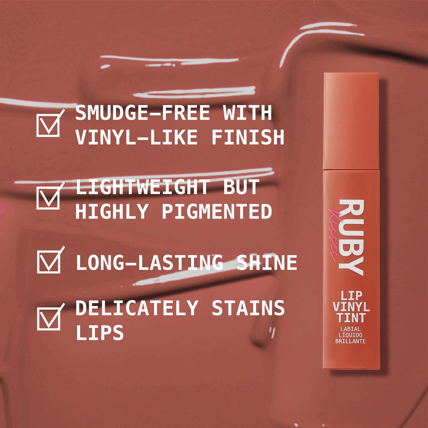 Ruby Kisses Lip Vinyl Tint - High-Pigment, Transfer-Proof, Smudge-Proof Liquid Lipstick, Soft-Satin Shine, Lightweight Makeup, Long-Lasting Lip-gloss