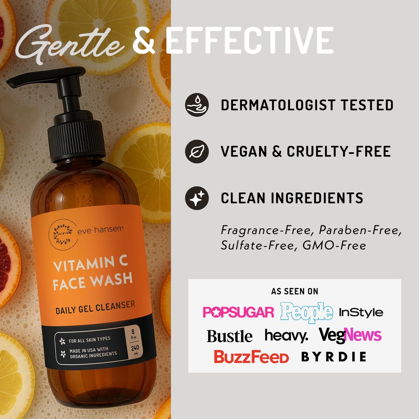 Vitamin C Cleanser Face Wash - HUGE 8 oz Gentle Facial Cleansing Gel for Uneven Skin Tone, Age Spots and Fine Lines - Natural Face Soap with Aloe