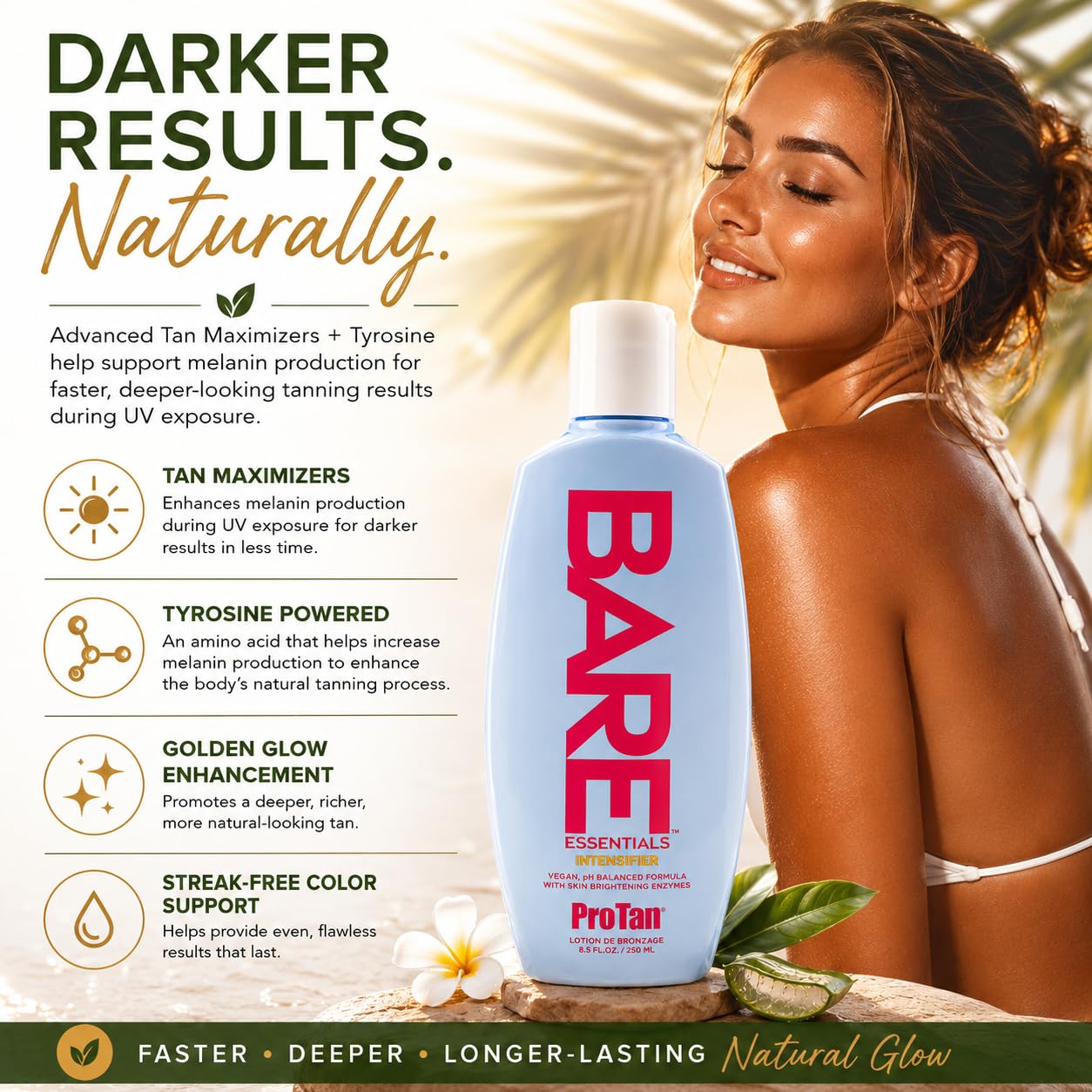 Pro Tan Bare Essentials Intensifier Tanning Lotion 8.5 fl oz - Vegan pH Balanced Formula with Aloe, Coconut Oil, Jojoba & Vitamins - Indoor Outdoor