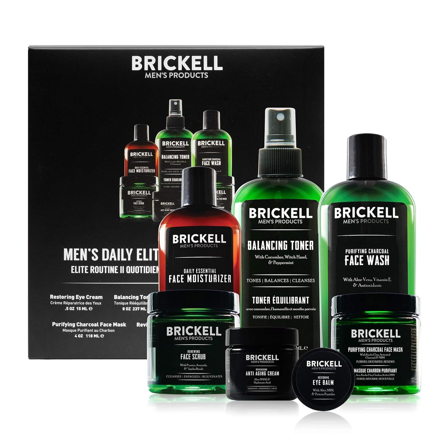 Brickell Men's Daily Elite Face Care Routine II, Toner, Charcoal Facial Wash, Face Scrub, Anti-Aging Night Cream, Eye Cream, Charcoal Mask