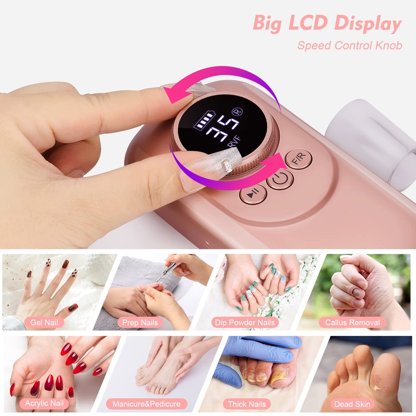 Rechargeable 35000 RPM Nail Drill, Portable Cordless Professional Electric Nail File Kit with 11 Nail Drill Bits for Acrylic, Gel Nails, Manicure