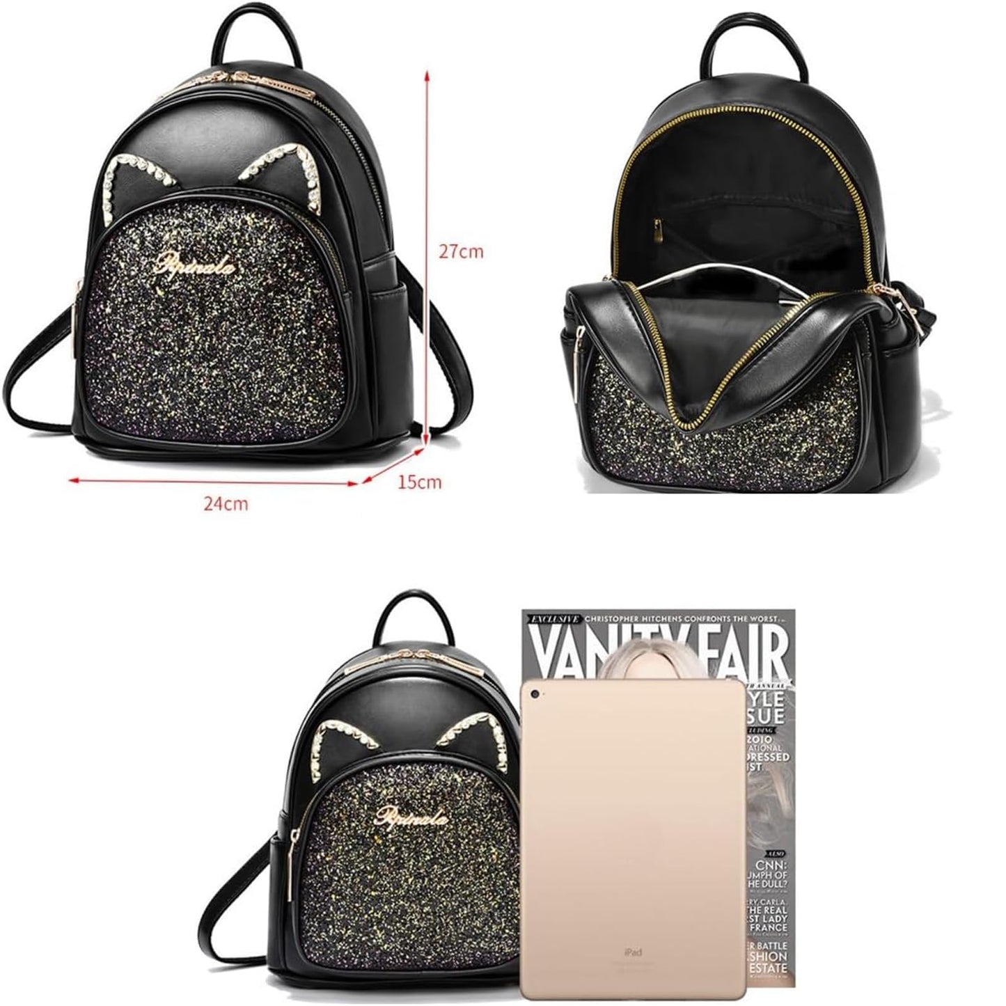 SCOFY FASHION Cartoon Cat Mini Cute Backpack Wallet For Women Leisure Small Backpack Daypack PU Leather Shoulder Bag, b-black, One Size