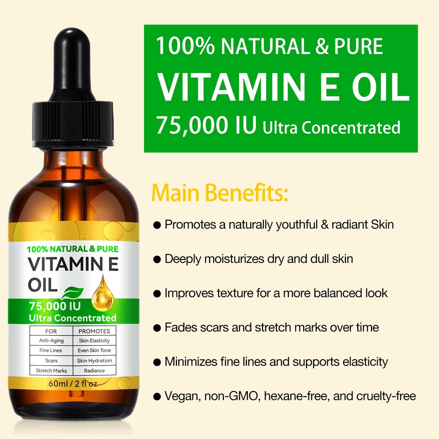Vitamin E Oil, 75,000 IU Organic Pure Vitamin E Oil for Tightening Plump Skin, Reduce Fine Lines & Scars, Moisturizing Skin, Face & Full Body- 2Fl Oz Beauty and Personal Care DLOMFVFQ