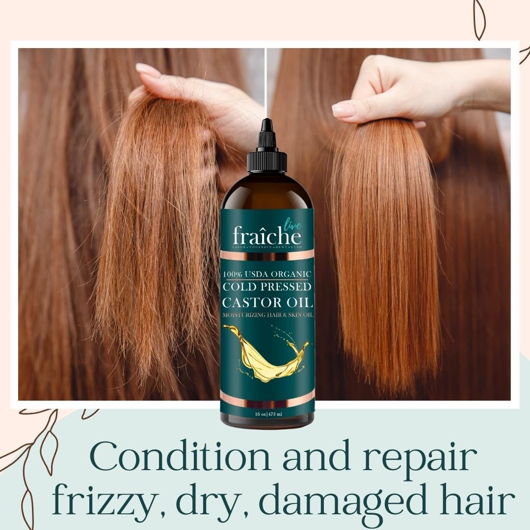 Organic Castor Oil (16oz) - Pure Castor Oil Organic Hexane Free Cold Pressed Unrefined Bottle - Natural Hair Growth Oil for Moisturizing & Healing Dry