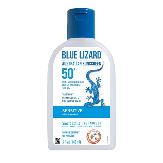 BLUE LIZARD Sensitive Mineral Sunscreen with Zinc Oxide, SPF 50+, Water Resistant, UVA/UVB Protection with Smart Bottle Technology - Fragrance Free, 5