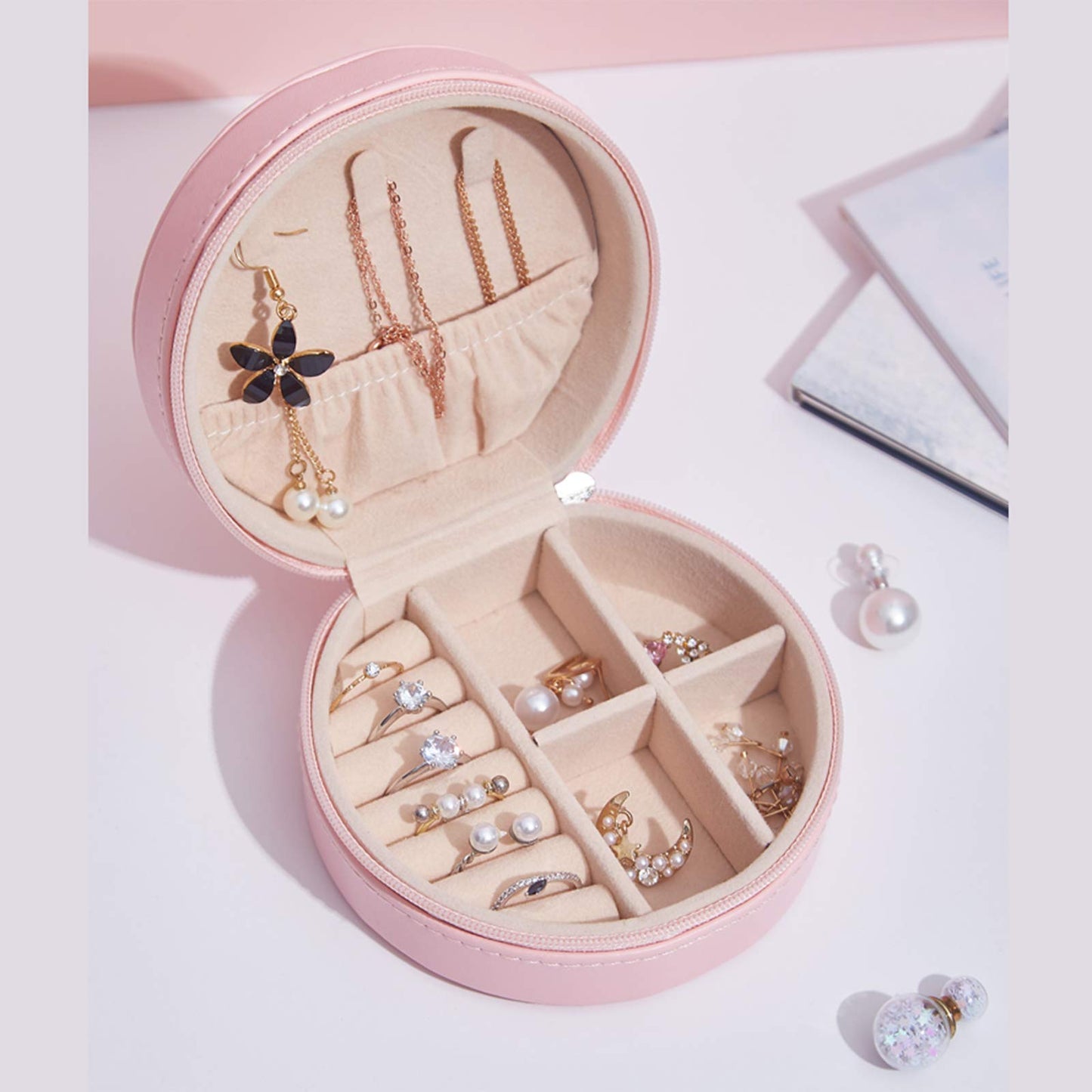 LETLIT Travel Jewelry Organizer, Small Jewelry Box for Women, Round Earrings Necklace Ring Holder Case (Light Pink)
