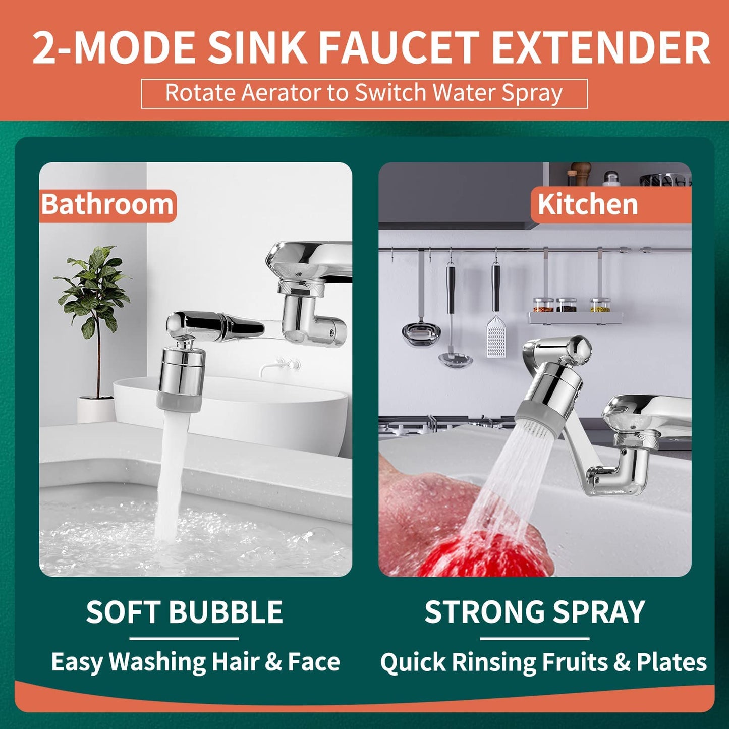 CECEFIN 1080° Swivel Faucet Extender – 2-Mode Rotatable Spray for Kitchen & Bathroom, Wash Hands, Hair, Face with Ease