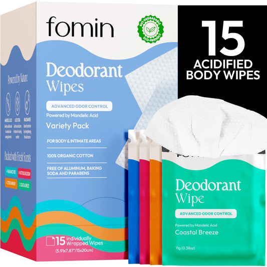 FOMIN Acidified Travel Deodorant Wipes For Women & Men - 15 Count - Variety Pack - pH Balanced, Mini Deodorant Travel Size Wipe - Plastic-Free Beauty and Personal Care FOMIN