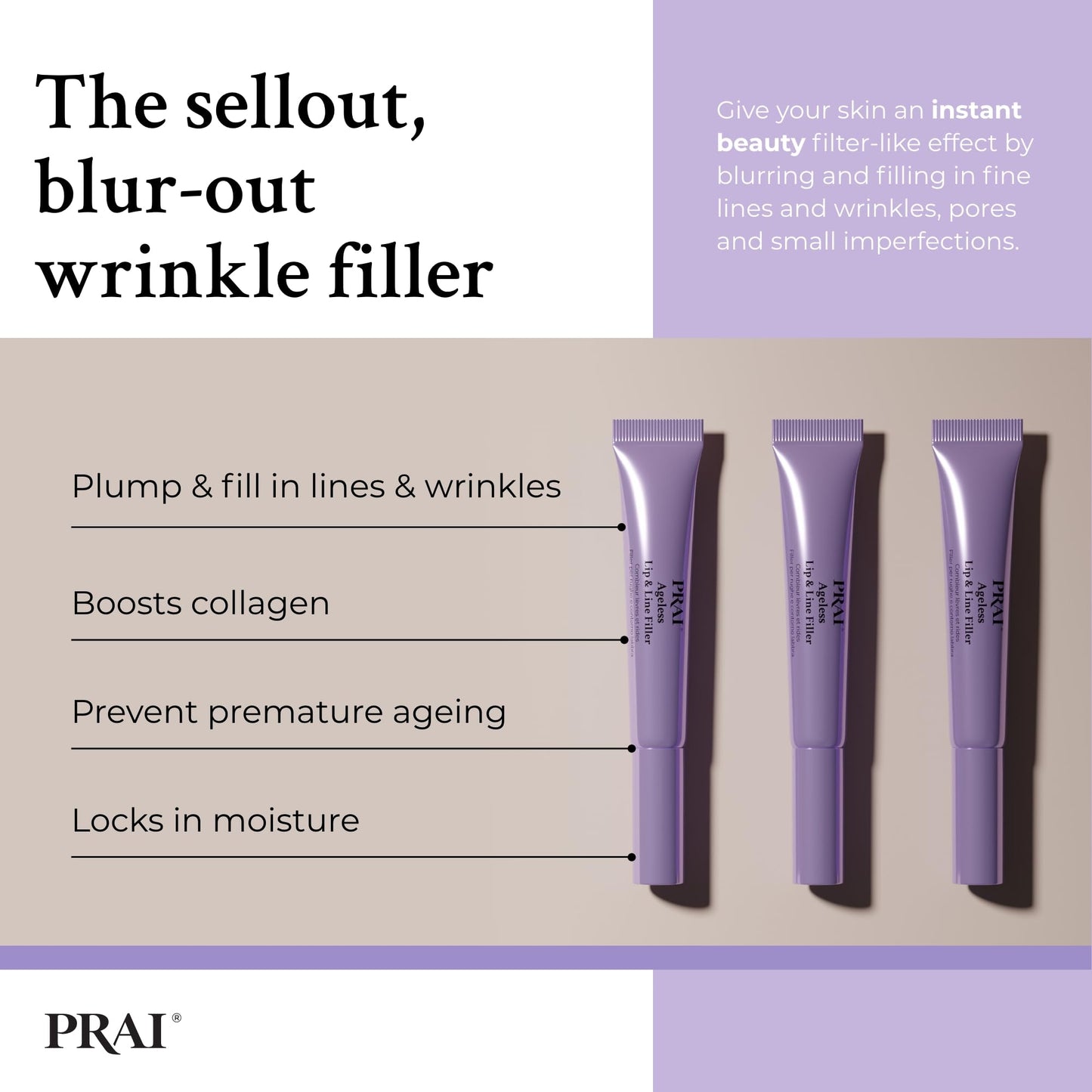 PRAI Beauty Ageless Lip and Line Filler | Serum that Plumps, Smooths, & Fills In Lines | Moisturizing with Vitamins C & E to Boost Collagen (0.26oz)