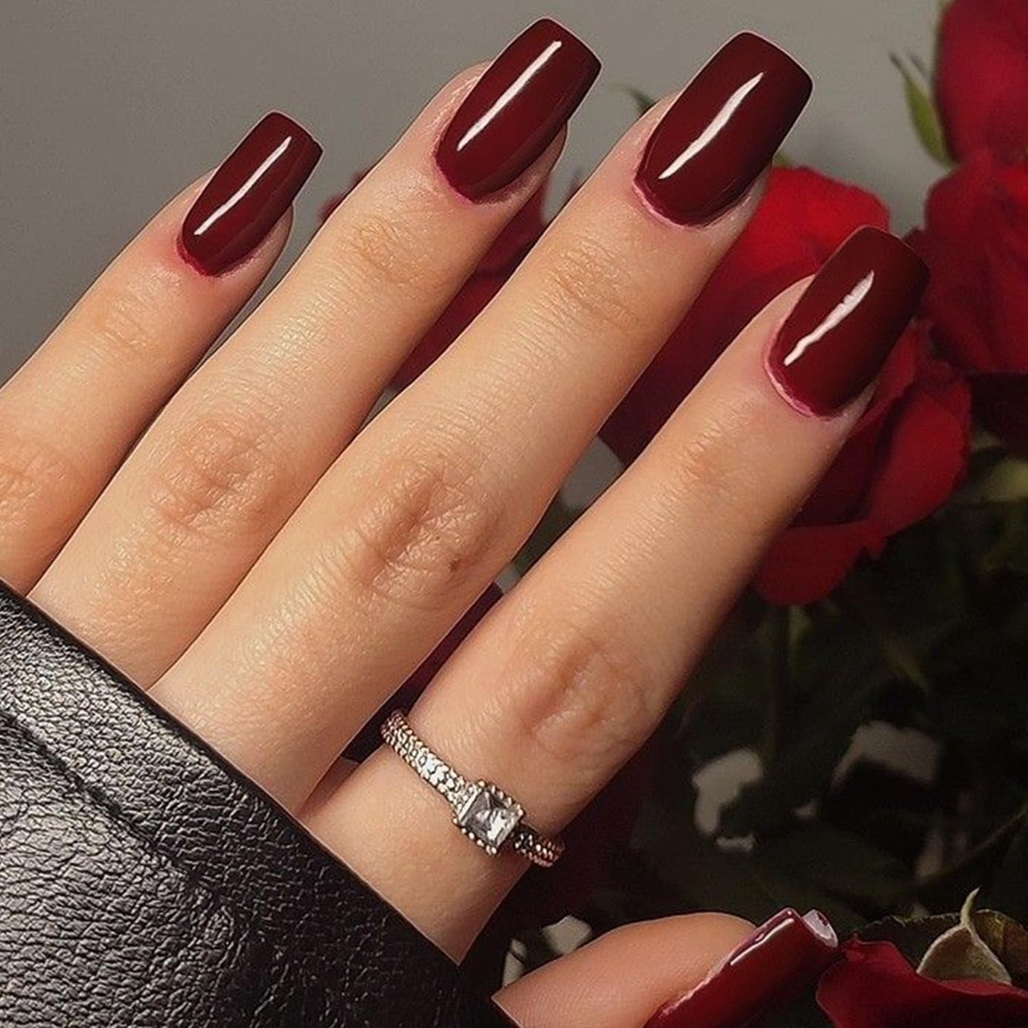 GLAMERMAID Burgundy Press on Nail Medium Square, Dark Red Handmade Jelly Soft Gel Nail Square Fake Nail, Glossy Stick Glue 0n Nail Kit for Women