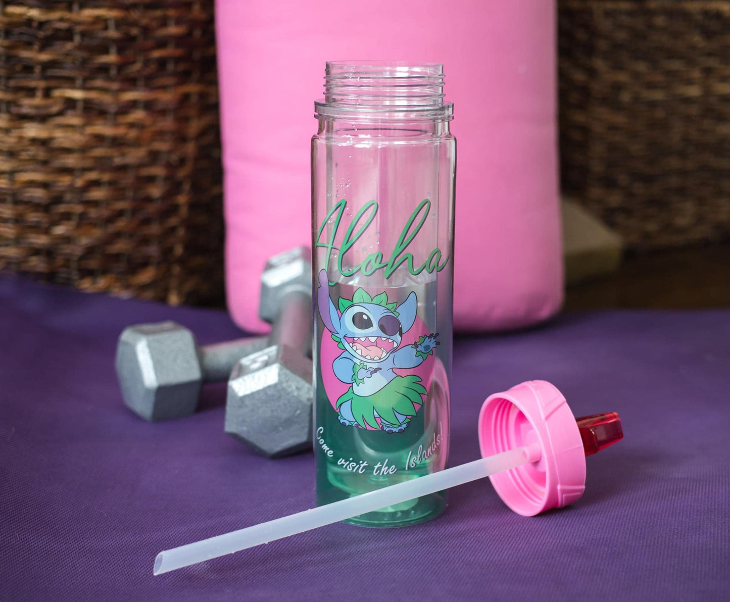 Silver Buffalo Lilo and Stitch Aloha Double Wall Tritan Water Bottle | BPA-Free Plastic Bottle With Screw Top And Flip-Up Straw Lid | Sports