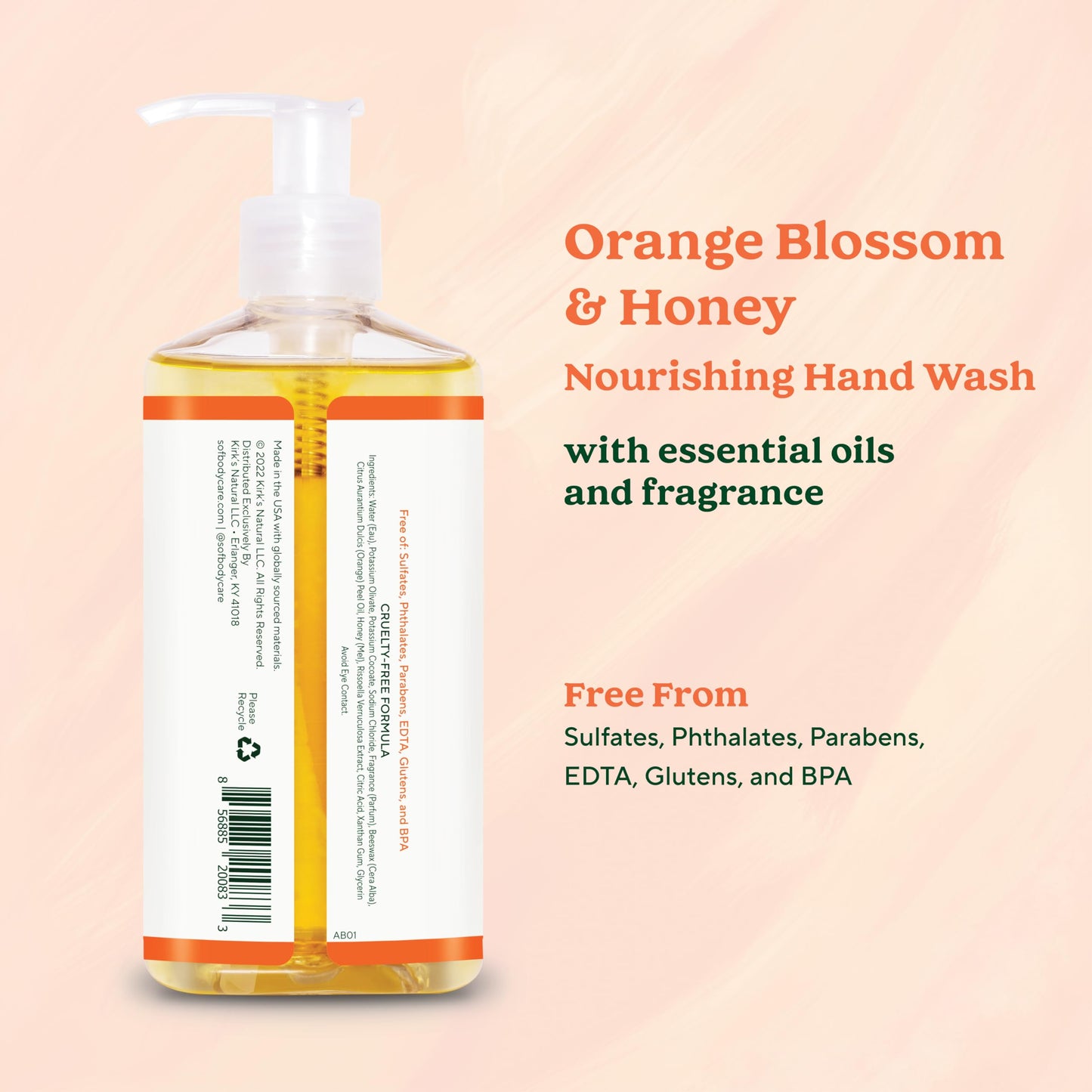 SoF Nourishing Hand Wash - With Moisturizing Sea Algae, Coconut & Olive Oil- Vegan & Non GMO- Free From Phthalates, Sulfates & Parabens- Orange