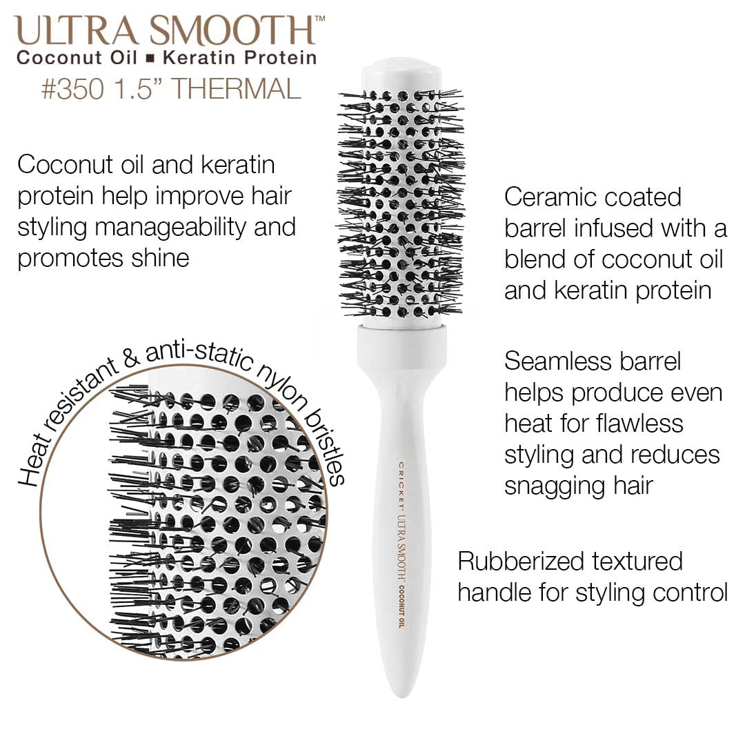 Cricket Ultra Smooth Coconut Thermal Hair Brush - 1.5” Ceramic Barrel, Coconut Oil and Keratin-Infused, Anti-Static Heat-Resistant Bristles, Textured