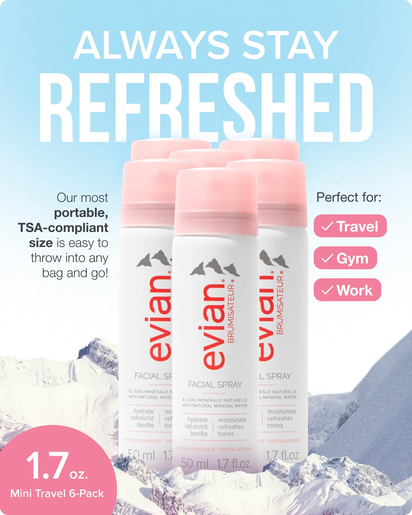 Evian Facial Spray 1.7 oz Travel 6-Pack - Hydrating Mineral Water Mist for Face & Skin - Refreshes Makeup and Tones Skin - TSA-Approved Mini Facial
