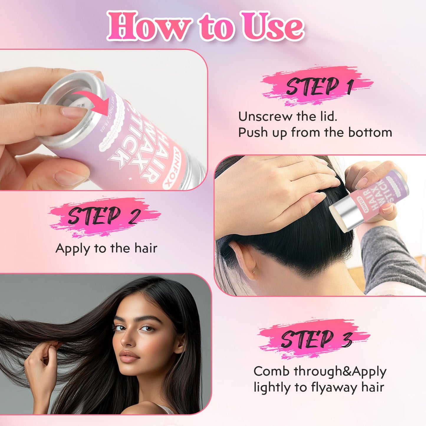 Hair Wax Stick, Slick Back Hair Brush, Wax Stick for Flyaways, Rat Tail Comb Edge Brush Styling Tool Set Accessories for Women Girls(Pink) Beauty and Personal Care Xinfox