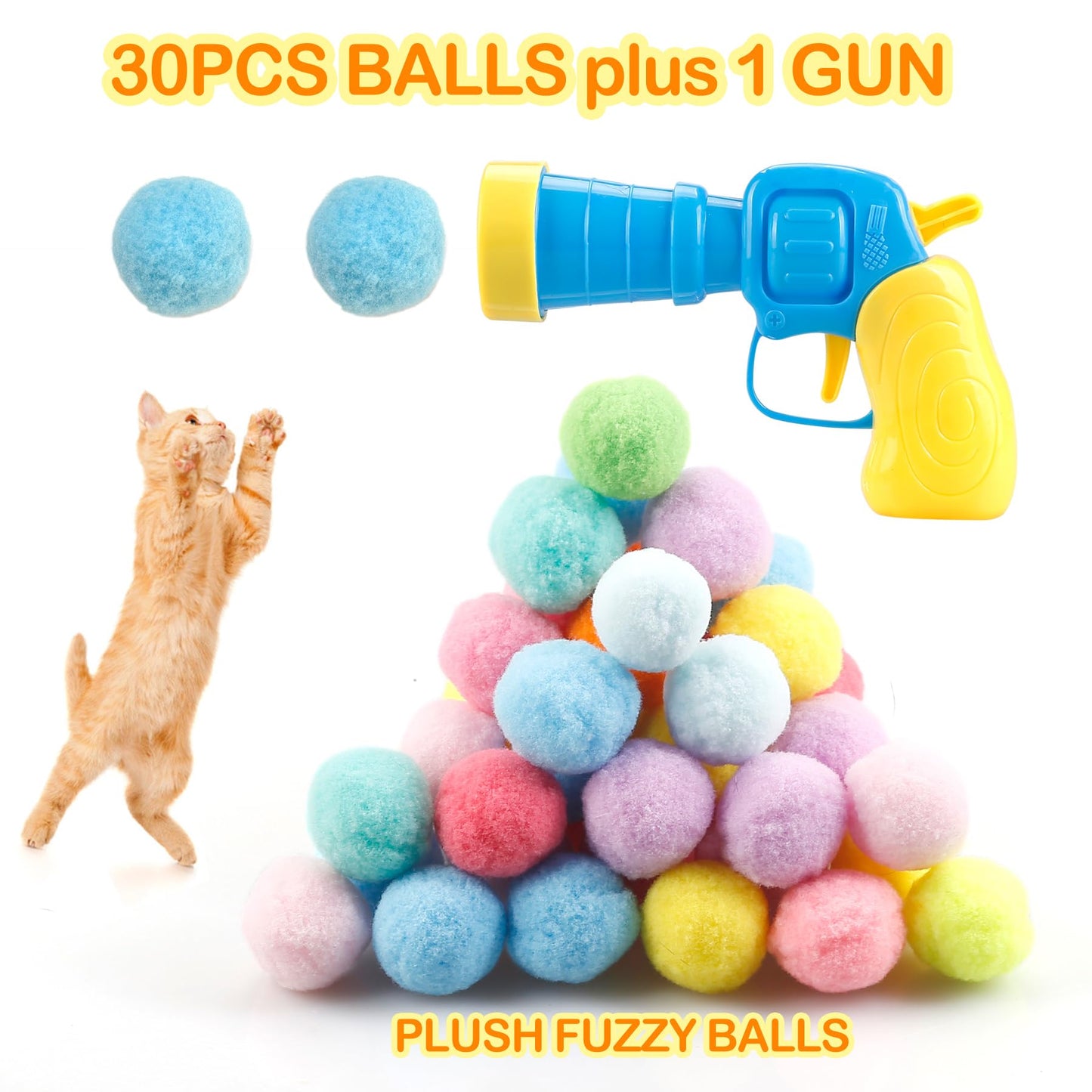 MeoHui 31pcs Cat Ball Launcher Toy – 30 Plush Balls & 1 Launcher Gun, Fun Interactive Play for Indoor Cats & Kittens