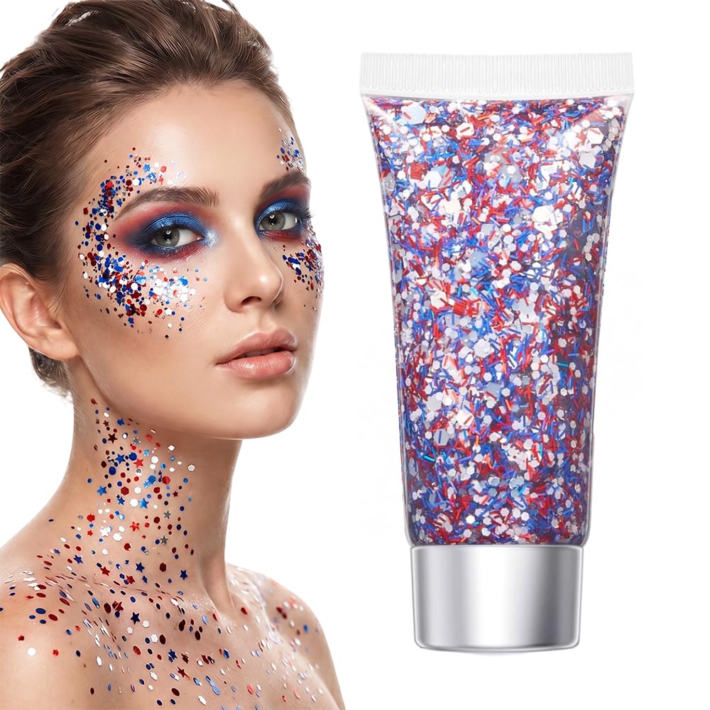 Red White Blue Hair Glitter Stick, 2026 New Patriotic USA Flag Star Chunky Face Body Outfits Sparkle Patriotic Pride Glitter for Soccer President's
