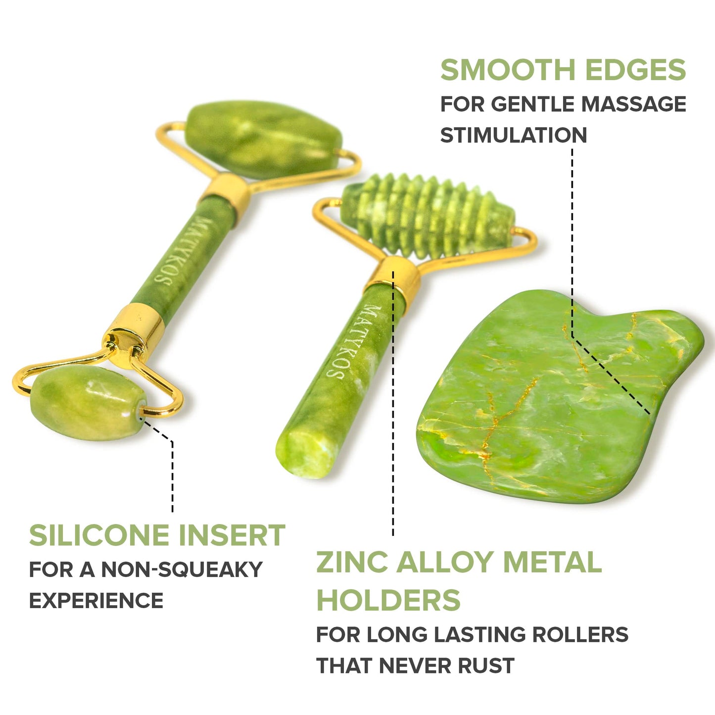 Matykos Jade Roller for Face and Gua Sha Set - 2 Anti-Aging Facial Rollers and Gua-Sha Facial Tool - Face and Body Massager for Your Skincare Routine
