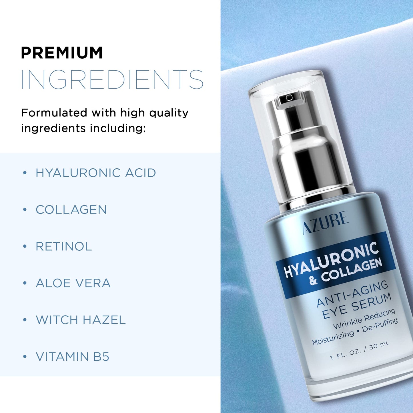 AZURE Hyaluronic & Collagen Anti Aging Eye Serum - Moisturizing, Replenishing & De-Puffing | Reduces Wrinkles, Fine Lines & Under Eye Bags | Locks In Beauty & Personal Care Azure Cosmetics