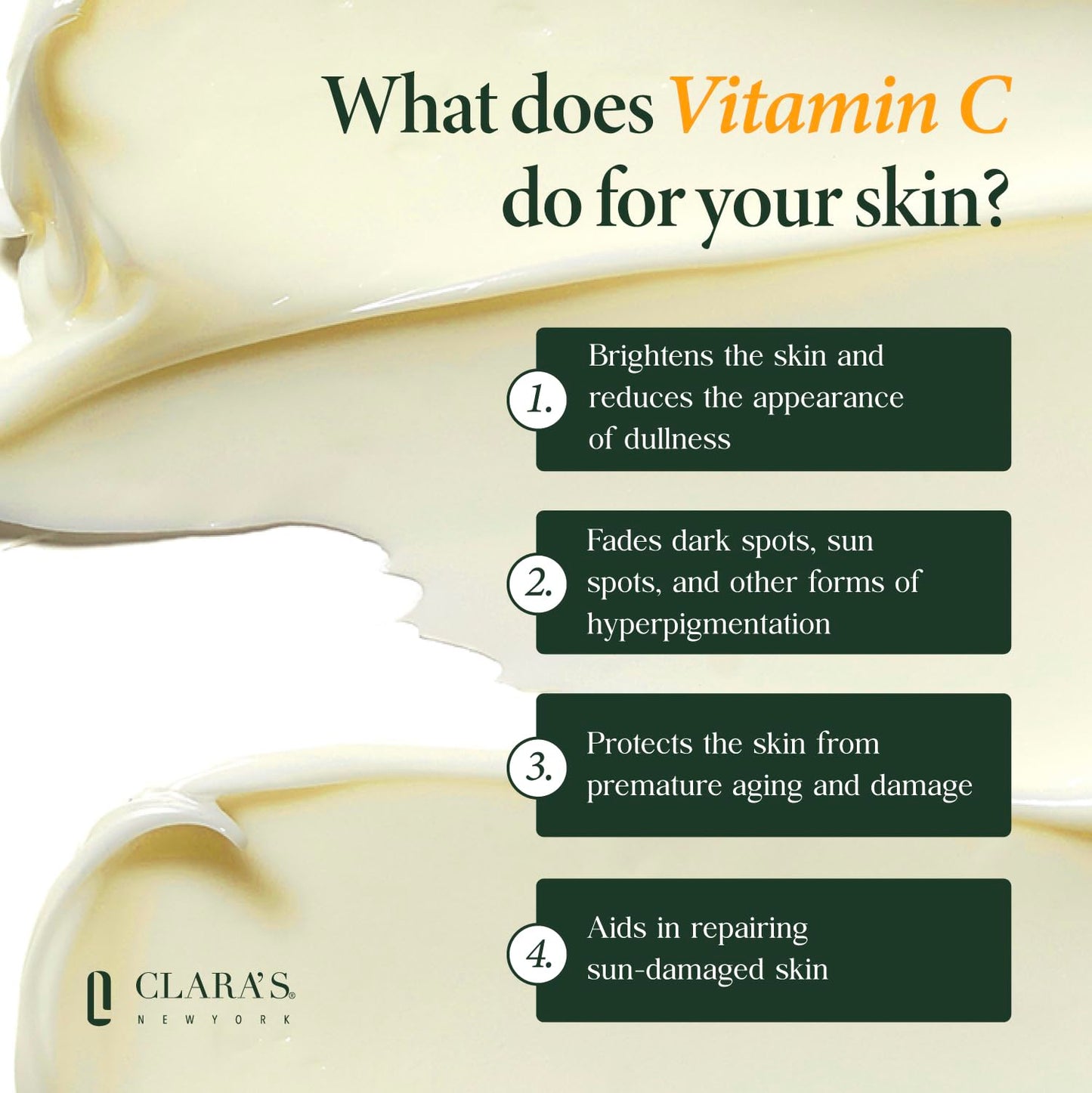 CLARA'S NEW YORK | Brightening Vitamin C Moisturizer Face Cream | with Hyaluronic Acid | Acne Scars Dark Spots Reduce Fine Lines, Healthy Glowing Skin