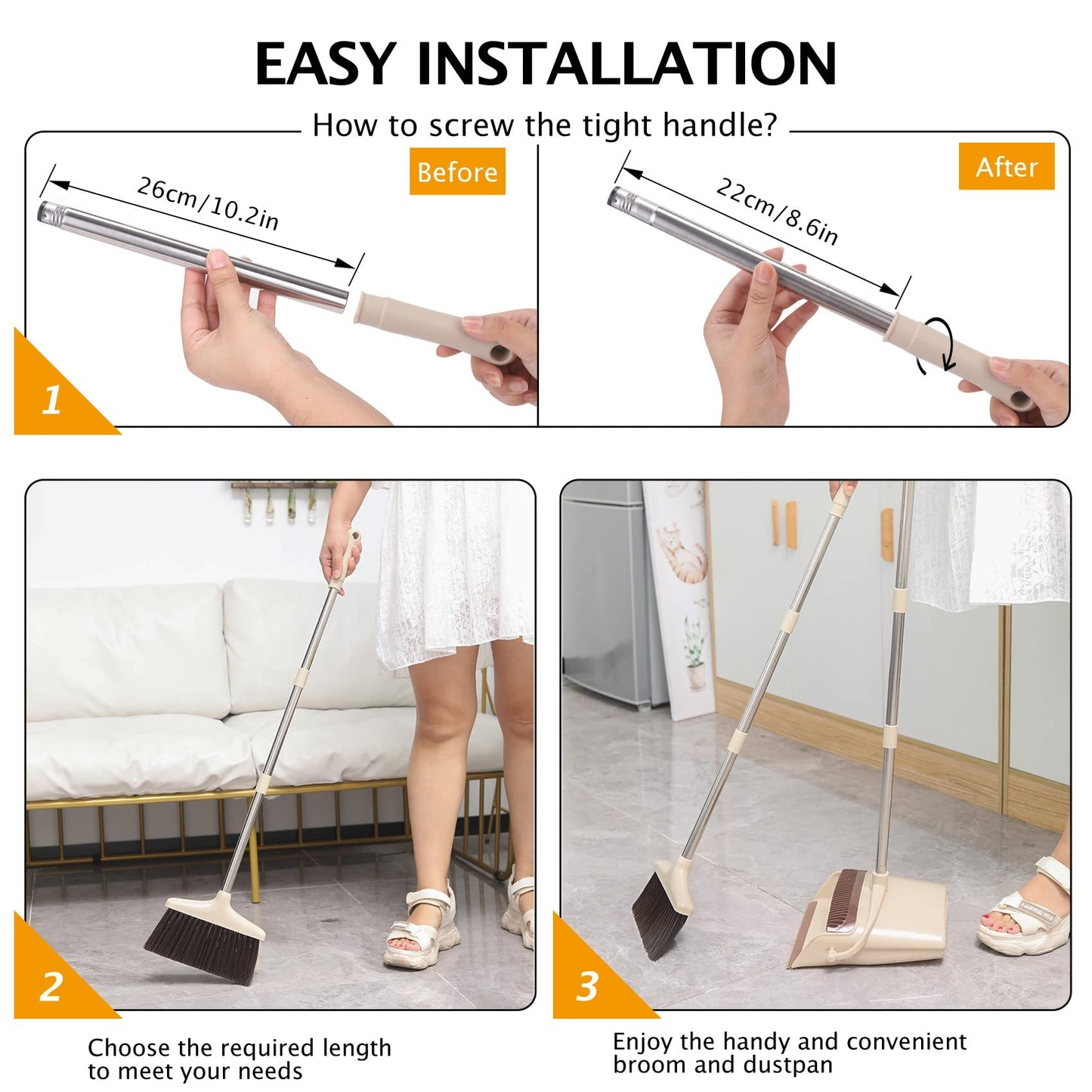 XXFLOWER Broom & Dustpan Set with Long Handle – Lightweight, Upright Stainless Steel Poles, Ideal for Home, Kitchen, Office & Pets