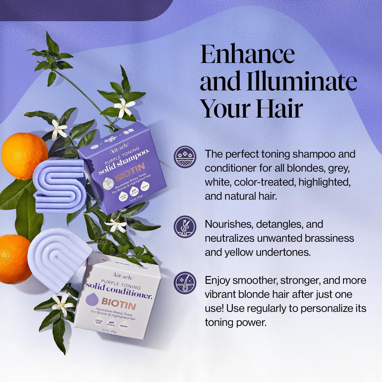 Kitsch Toning Purple Shampoo & Conditioner Bar Set For Blondes & Color Treated Hair - With Biotin for Strengthening & Neutralizing Brassy Tones