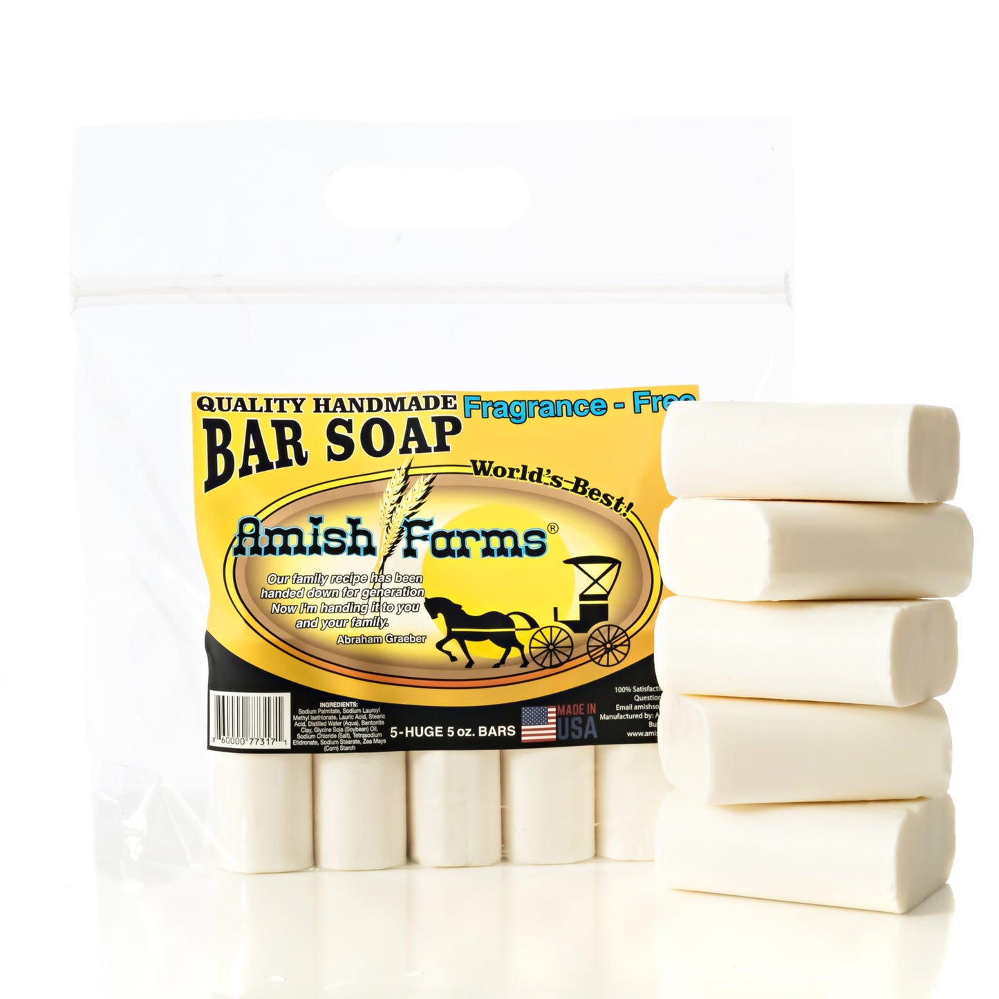 Amish Farms Fragrance-Free Bar Soap Bar w/All Natural Bentonite Clay | Made in USA, Vegan Moisturizing for Sensitive Skin | Women & Mens Face & Body