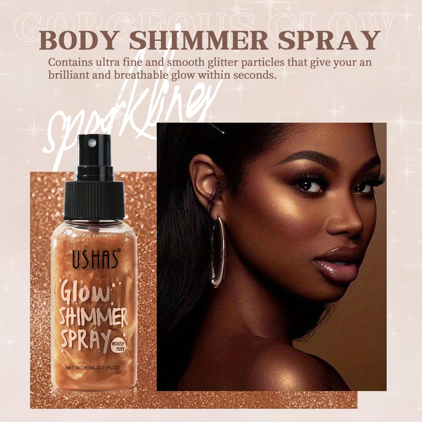 Body Glitter Spray, Body Shimmer Spray Quick Drying Body Glow Shimmer Long-Lasting Shiny Glitter Spray for Women Men for Party, Concert 2.6 Fl Oz