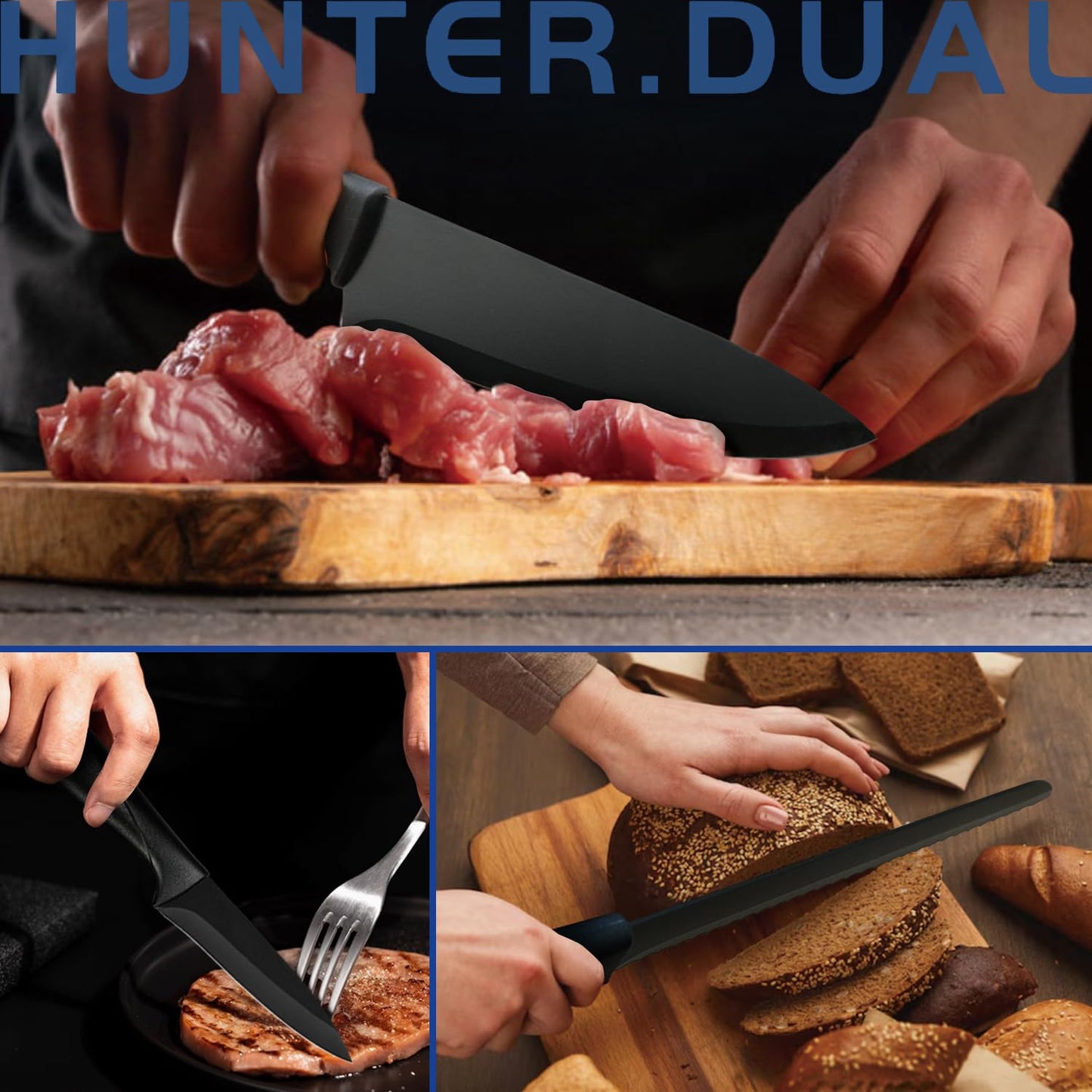HUNTER.DUAL 8-Piece Chef Knife Set with Universal Block – Sharp, Anti-Rust, Ergonomic Design for Professional & Home Kitchens (Black)