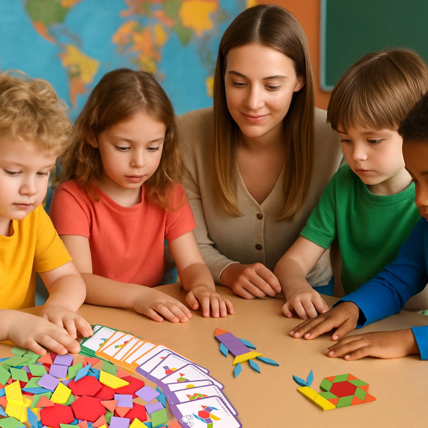 LovesTown 209 PCS Wooden Pattern Blocks | Geometric Shapes with Activity Cards & Storage Bag | Educational Tangram Puzzle Gift for Kids