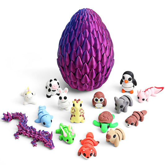 “2025” 15 Pack 3D Printed Animal Toys with Dragon Eggs – Articulated Fidget Figures Set, Stress Relief Collectible Gifts for Kids & Adults