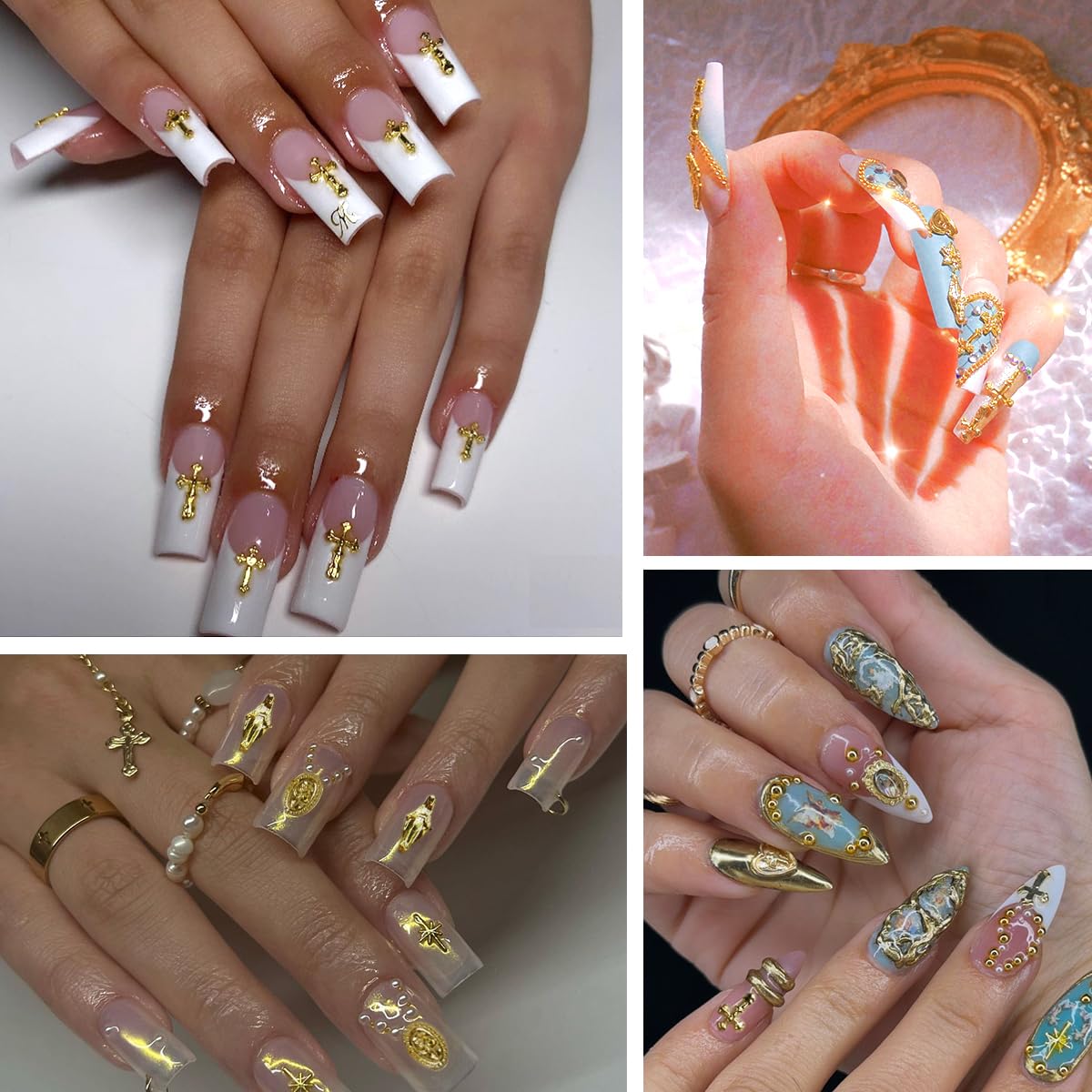 3D Cross Nail Charms,Gold Flat Back Nail Pearls Beads for Crafting,Cute Nail Charms Y2k Rhinestones Jewelry for Nail Art Flower Virgin Mary Religious
