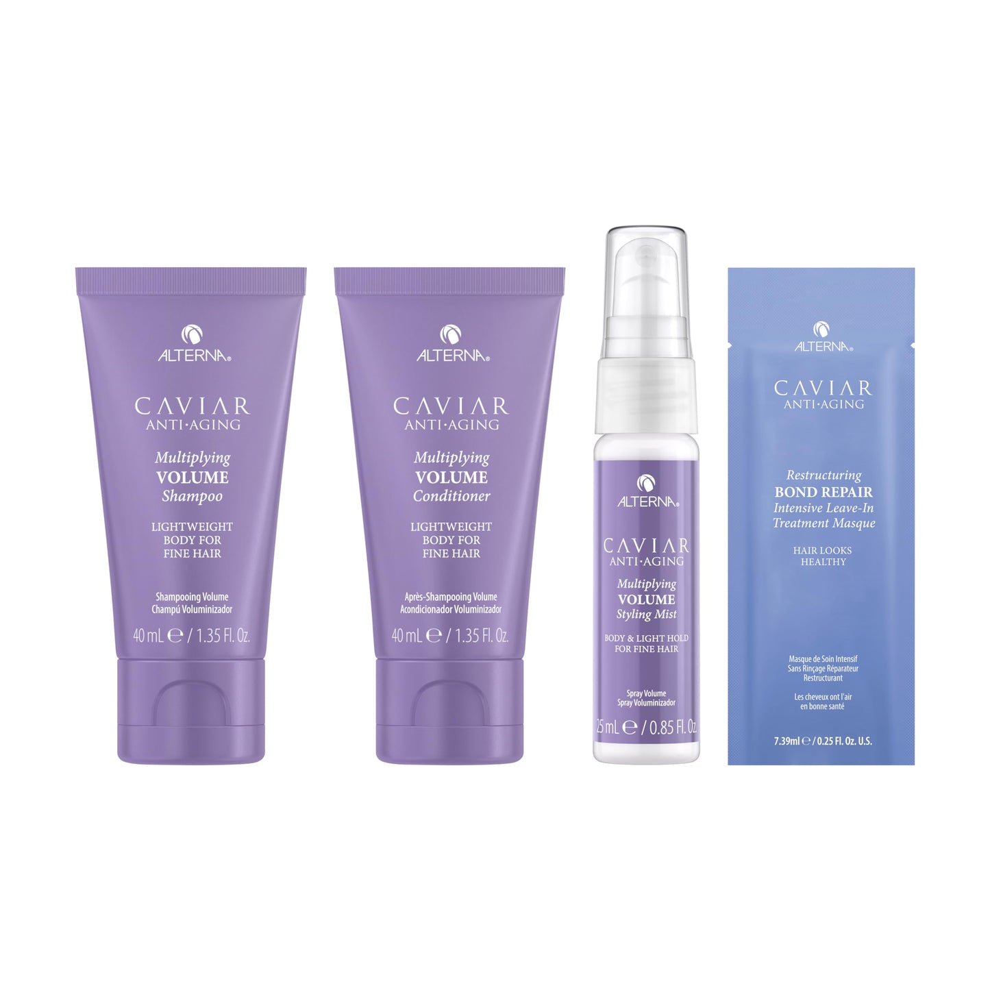 Alterna Haircare CAVIAR Anti-Aging Multiplying Volume Travel Kit - Shampoo, Conditioner, Styling Mist | For Fine, Thin Hair | Light Hold | Sulfate